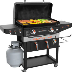 Blackstone 1962 Air Fryer Combo & Two Burners Stainless Steel Gas Hood, Wheels, Two Side Shelf – Heavy Duty Outdoor Griddle Station for Backyard, Patio, 28 inch Black