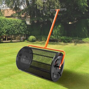 Compost Spreader, 24.4-25.6" Height Adjustable Handle, 24" Wide, Lawn and Garden Peat Moss Roller with Side Latches, Powder Coated Steel Mesh Basket for Spreading Manure, Topsoil