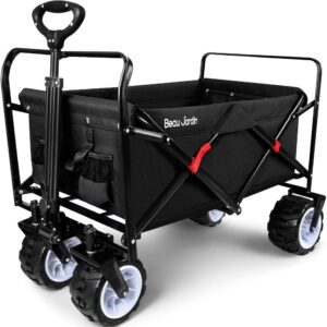 Folding Beach Wagon Cart 300 Pound Capacity Collapsible Utility Camping Grocery Canvas Portable Rolling Outdoor Garden Sport Heavy Duty Shopping Wide All Terrain Wheel Black BG377