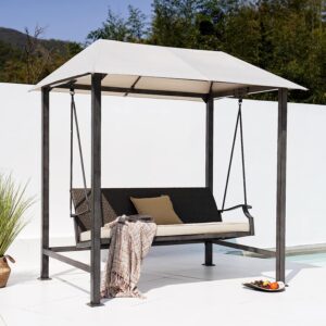 Grand Patio Outdoor Porch Swing 3-Seat with Canopy and Removable Cushion for Garden, Backyard, Poolside, Weather Resistant Powder Coated Steel, Beige